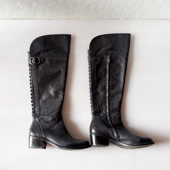 Vince Camuto Over the Knee High Black Leather Studded w/ Zipper Boots Size 6 - Picture 2 of 6